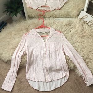 Cute white and pink button down top lace backing